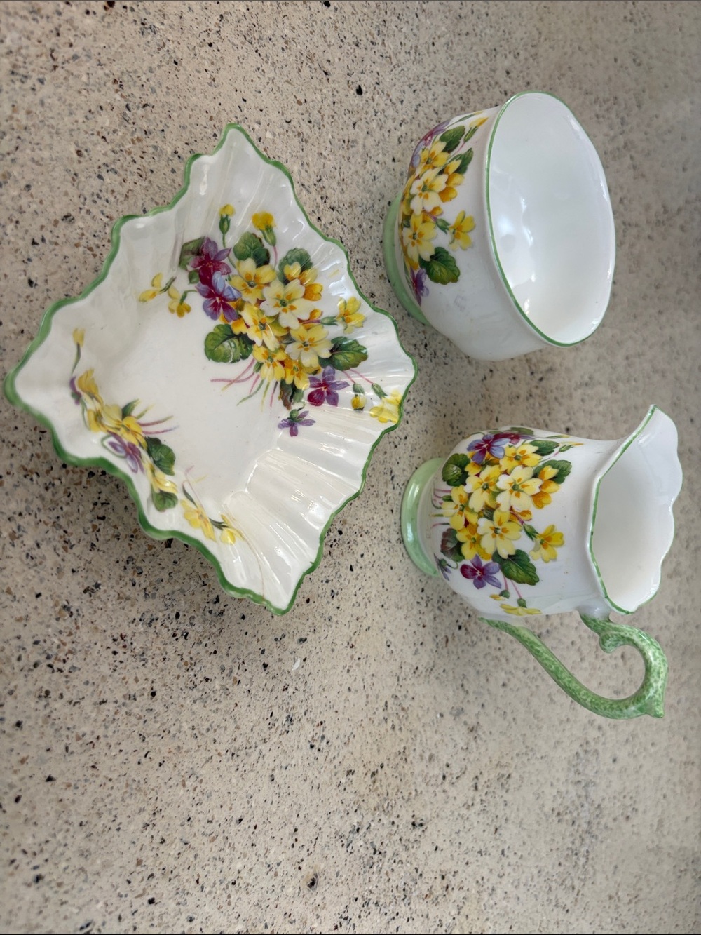 Royal Albert Primulette Floral Bone China Tea Set - cream sugar, and mint Tray